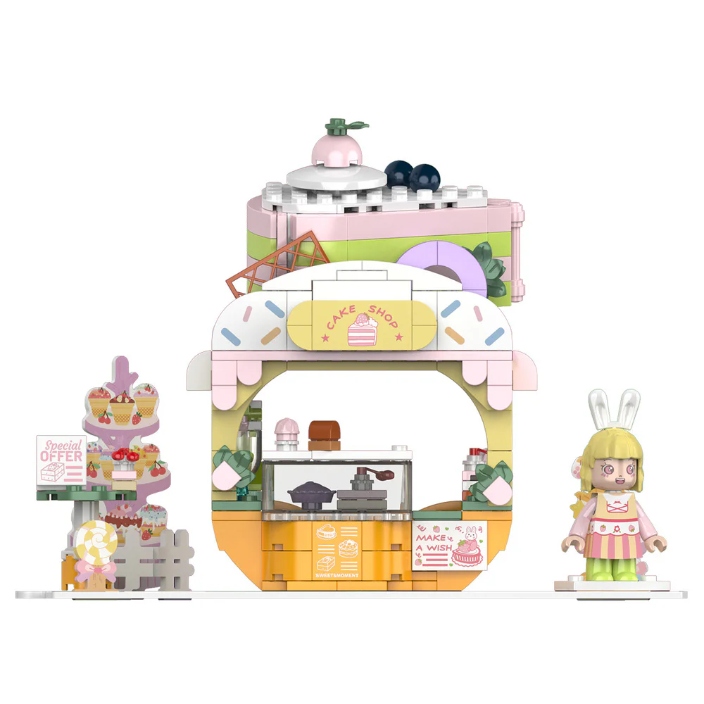 Girl's Street View: Sunny Day Cake, Building, Coffee House, Candy Shop, Hamburgers, Juice Bar, Bakery, Fried Chicken Store. 佳奇积木 JAKI JK2121 image 7