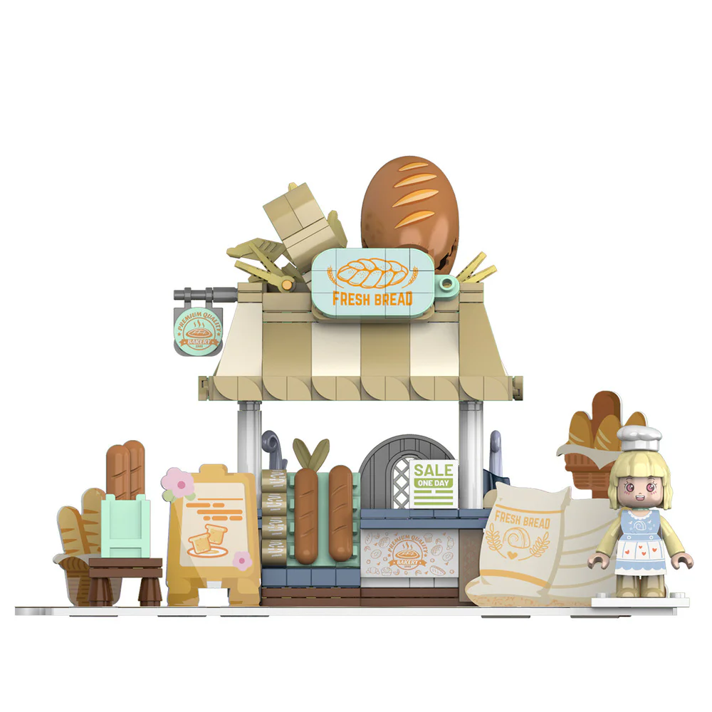 Girl's Street View: Sunny Day Cake, Building, Coffee House, Candy Shop, Hamburgers, Juice Bar, Bakery, Fried Chicken Store. 佳奇积木 JAKI JK2121 image 31
