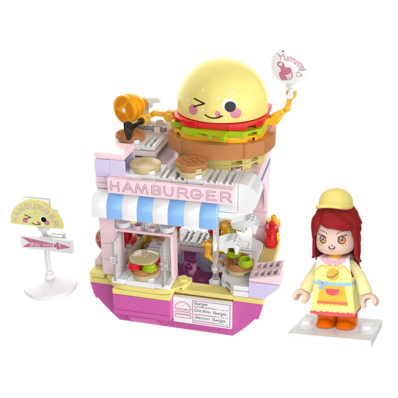 Girl's Street View: Sunny Day Cake, Building, Coffee House, Candy Shop, Hamburgers, Juice Bar, Bakery, Fried Chicken Store. 佳奇积木 JAKI JK2121 image 41