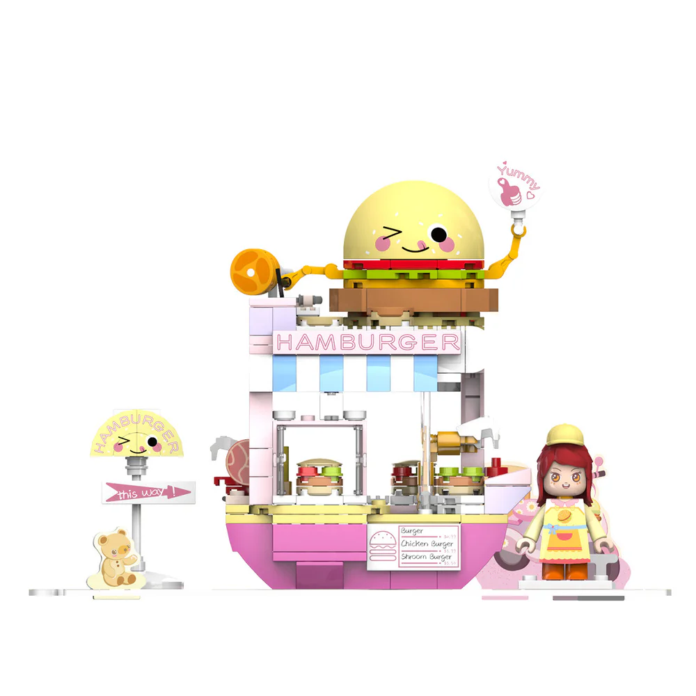 Girl's Street View: Sunny Day Cake, Building, Coffee House, Candy Shop, Hamburgers, Juice Bar, Bakery, Fried Chicken Store. 佳奇积木 JAKI JK2121 image 45