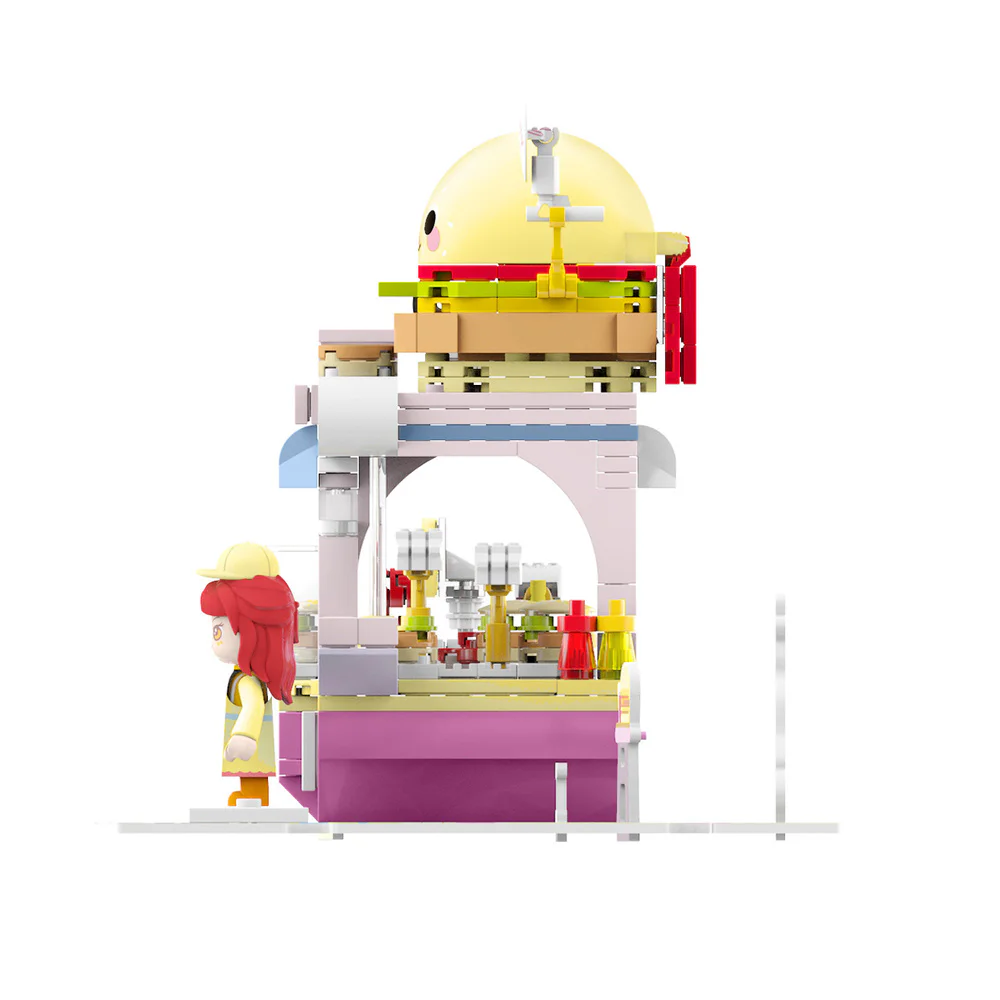 Girl's Street View: Sunny Day Cake, Building, Coffee House, Candy Shop, Hamburgers, Juice Bar, Bakery, Fried Chicken Store. 佳奇积木 JAKI JK2121 image 49