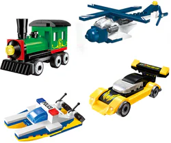 Mini Transportation Tools: 4 models - Water Police Speedboat, Steam Train, Lightning Airplane, Special Police Helicopter