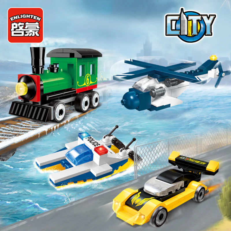 Mini Transportation Tools: 4 models - Water Police Speedboat, Steam Train, Lightning Airplane, Special Police Helicopter 启蒙 QMAN/ENLIGHTEN/Keeppley 1236 image 4