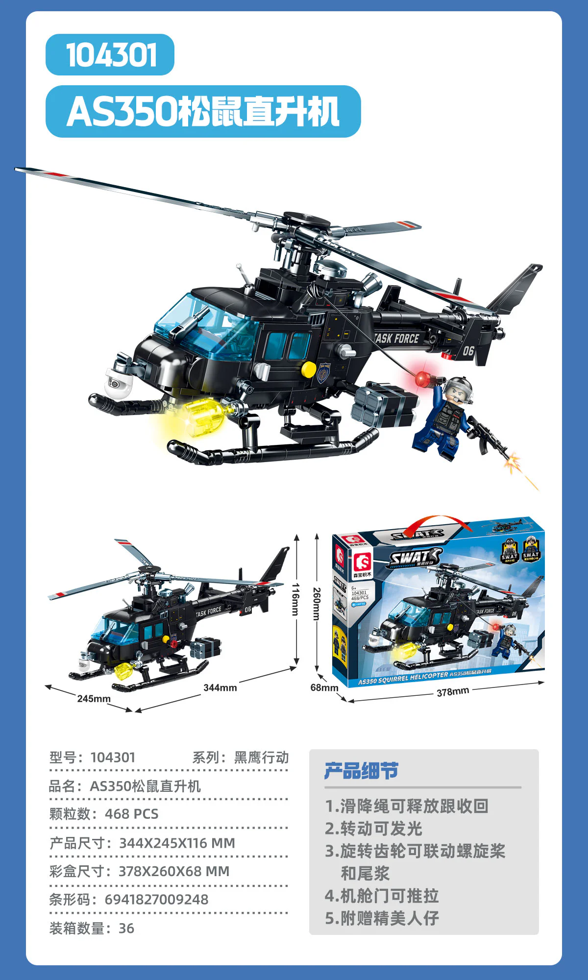 OPERATION BLACK EAGLE: AS350 SQUIRREL HELICOPTER 森宝 SEMBO 104301 image 1