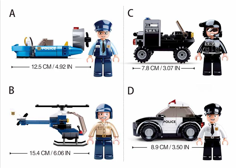 All-out police operation: Vehicles include 4 types - assault boat, helicopter, patrol car, and police car. 小鲁班 Sluban M38-B0638C image 1