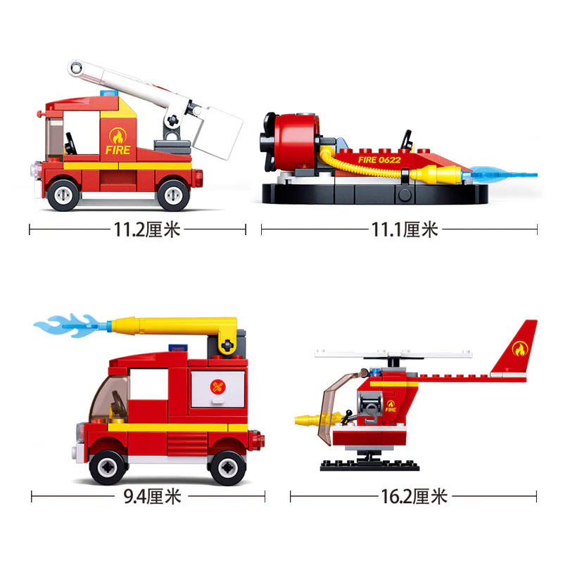Rescue Heroes: Vehicle 4 - Cloud Ladder Fire Truck, Inflatable Rescue Boat, Fire Engine, Helicopter. 小鲁班 Sluban M38-0622D image 1