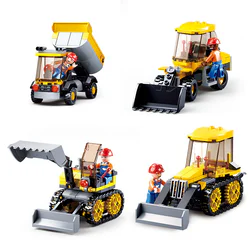 Engineering: Four types of engineering vehicles - bulldozer, excavator, backhoe loader, and plow tractor.