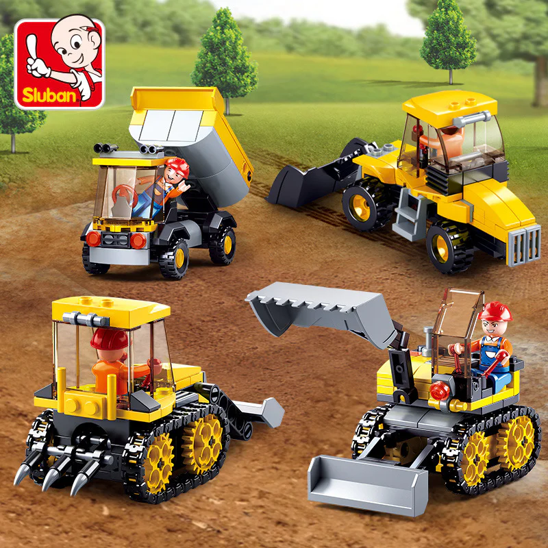 Engineering: Four types of engineering vehicles - bulldozer, excavator, backhoe loader, and plow tractor. 小鲁班 Sluban M38-B0377C image 1