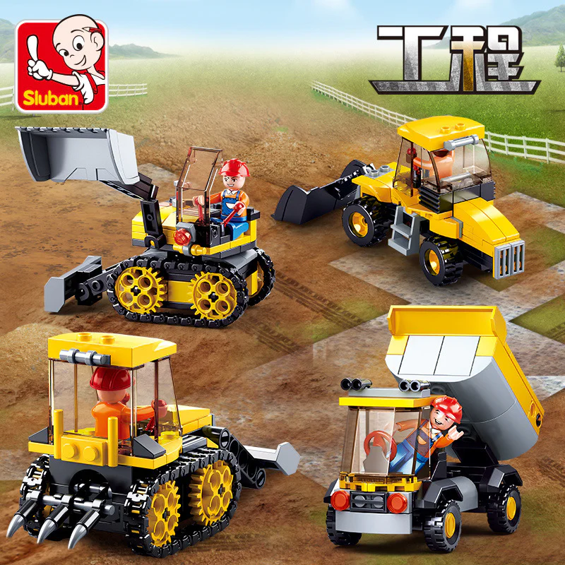 Engineering: Four types of engineering vehicles - bulldozer, excavator, backhoe loader, and plow tractor. 小鲁班 Sluban M38-B0377C image 3