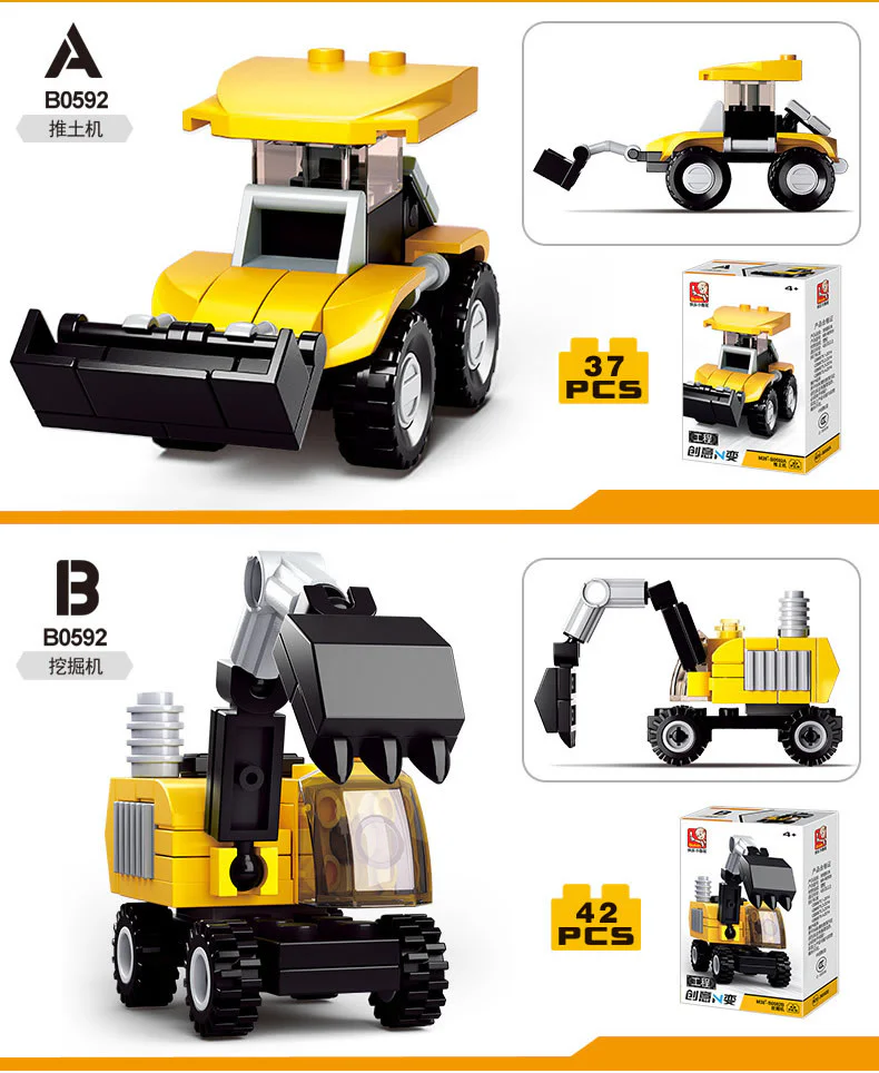 CREATIVE N CHANGE: ENGINEERING SECTION 4 BULLDOZER, EXCAVATOR, CRANE, MIXER 小鲁班 Sluban M38-B0592D image 1