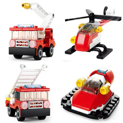 Creative N-variant: Fire Engine 4 Models - Elevated Spray Truck, Rescue Helicopter, Aerial Ladder Truck, and Rescue Boat.