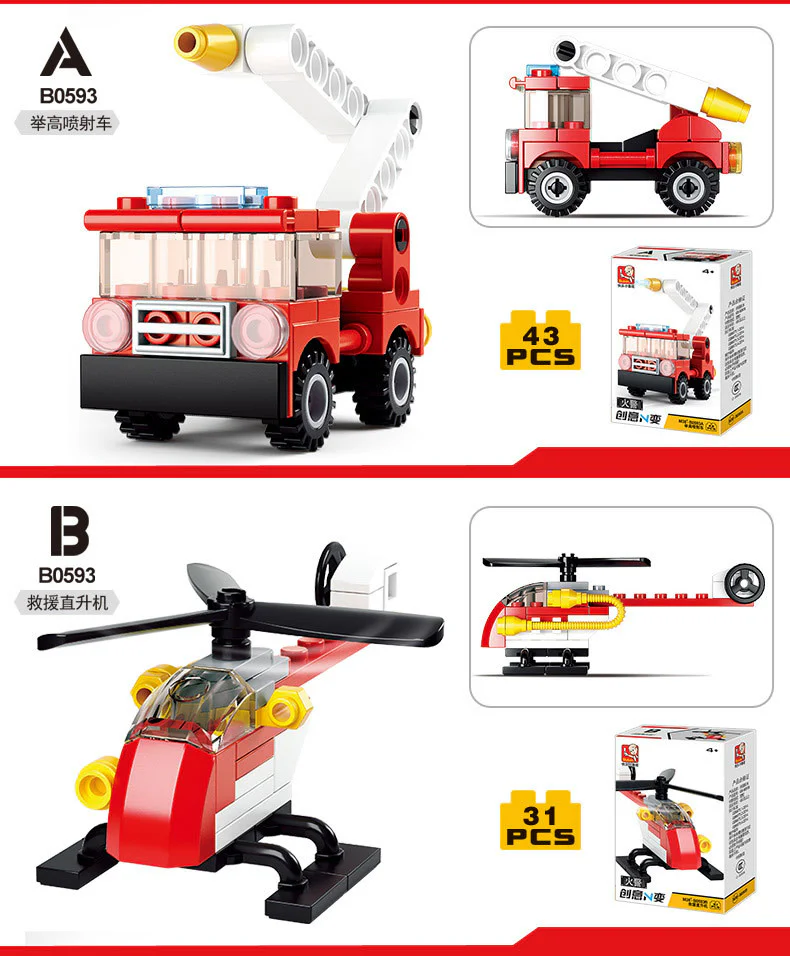 Creative N-variant: Fire Engine 4 Models - Elevated Spray Truck, Rescue Helicopter, Aerial Ladder Truck, and Rescue Boat. 小鲁班 Sluban M38-B0593D image 1