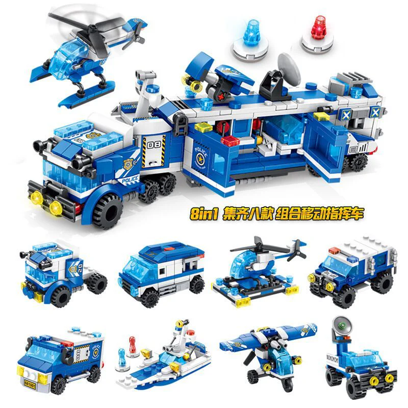 POLICE SERIES: MOBILE COMMAND VEHICLE 8IN1 POLICE TRAILER HEAD, PRISONER TRANSPORT VEHICLE, HELICOPTER, HUMMER POLICE VEHICLE, POLICE TRANSPORT VEHICLE, PATROL BOAT, POLICE GLIDER, RADAR VEHICLE 潘洛斯 PANLOSBRICK 681001B image 4