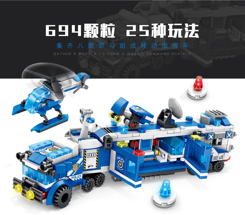 POLICE SERIES: MOBILE COMMAND VEHICLE 8IN1 POLICE TRAILER HEAD, PRISONER TRANSPORT VEHICLE, HELICOPTER, HUMMER POLICE VEHICLE, POLICE TRANSPORT VEHICLE, PATROL BOAT, POLICE GLIDER, RADAR VEHICLE 潘洛斯 PANLOSBRICK 681001B image 31