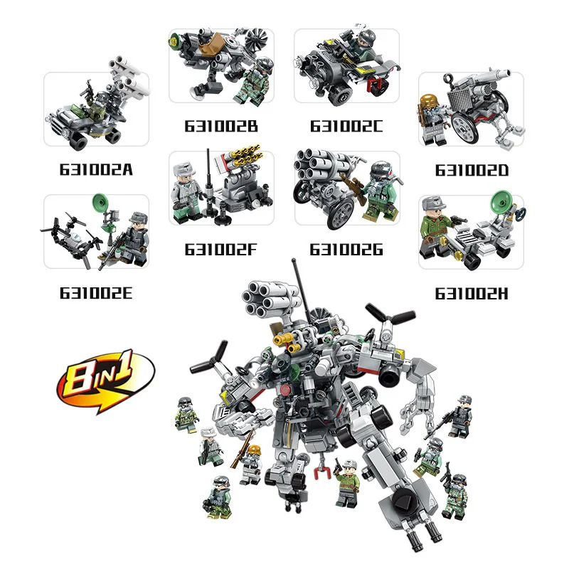 Justice Action: 8 Configurations - Cross-Fire, Ski Raid, Special Reconnaissance Vehicle, Italian Mountain Cannon, Drone Warfare, Defensive Trap, Six-Barrel Rocket Launcher, Joint Command Vehicle. 潘洛斯 PANLOSBRICK 631002D image 2