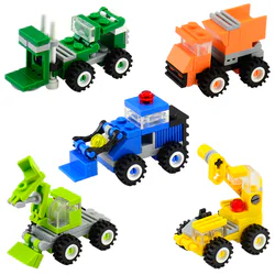 Mini-engineer 5. Yellow crane, green forklift, blue bulldozer, green excavator, orange dumper