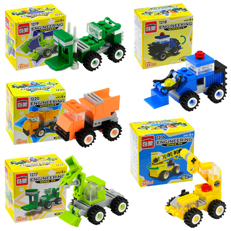 Mini-engineer 5. Yellow crane, green forklift, blue bulldozer, green excavator, orange dumper 启蒙 QMAN/ENLIGHTEN/Keeppley 1218 image 1
