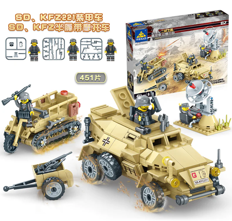 SECTION 4 SD.KFZ.7B SEMI-TRACKED ANTI-AIRCRAFT GUN VEHICLE, SD.KFZ 221 ARMOURED VEHICLE SD.KFZ SEMI-TRACK MOTORCYCLE, WILLIS JEEP, 82-BARREL ANTI-AIRCRAFT ANTI-AIRCRAFT GUN VEHICLE 开智 KAZI/高博乐 GBL 82036 image 5