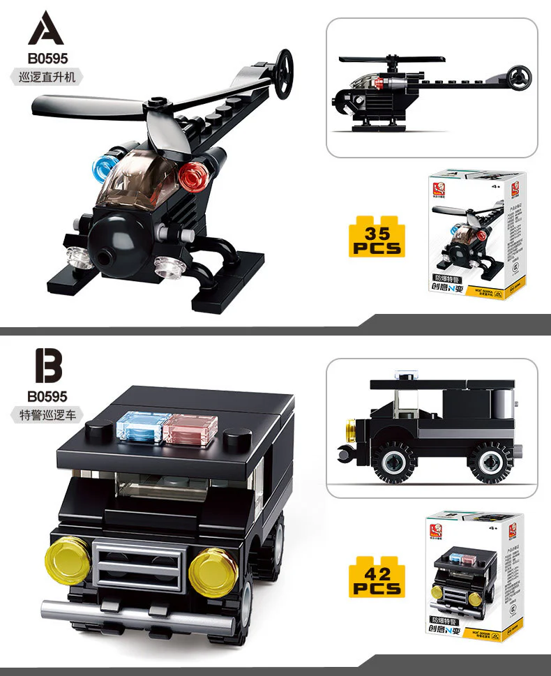 CREATIVE N CHANGE: SPECIAL EXPLOSIVE POLICE 4 PATROL HELICOPTERS, SPECIAL POLICE PATROL VEHICLES, ARMOURED EXPLOSIVE VEHICLES, SPECIAL POLICE ASSAULT VEHICLES 小鲁班 Sluban M38-B0595B image 1