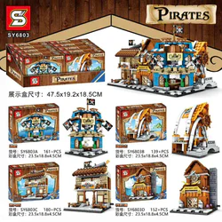 Caribbean Pirate Mini Street Scene 4 Styles: Bar, Seafood Restaurant, BBQ Shop, Blacksmith's Forge.
