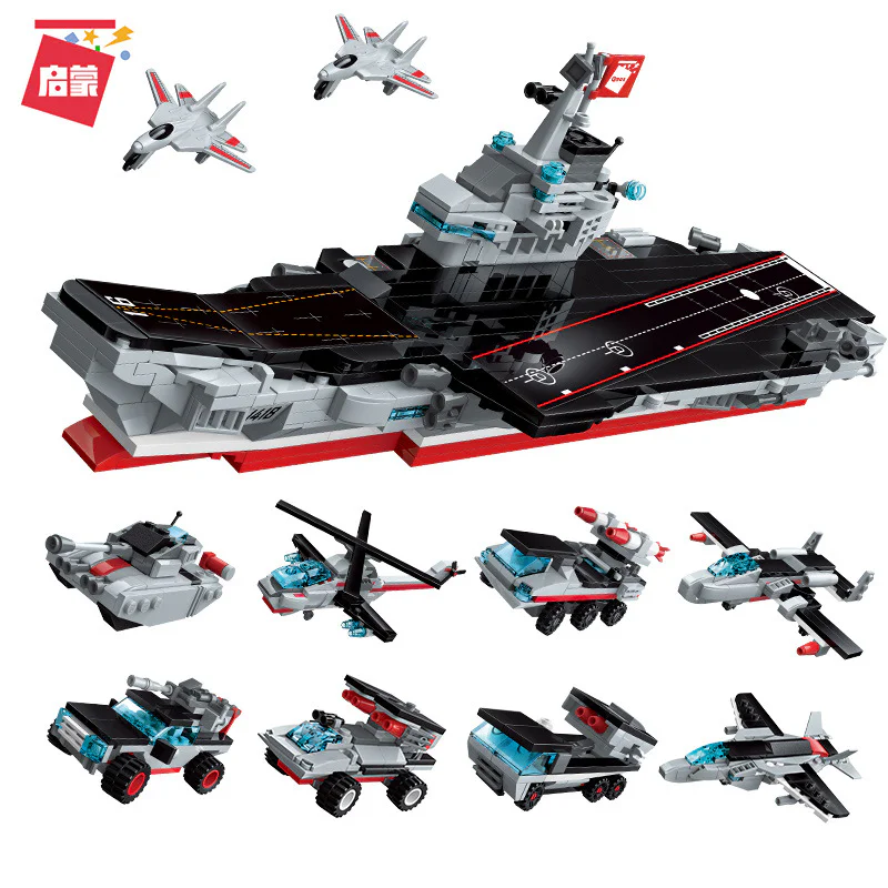 Supertemporal: Liao Ning carrier, cluster 8, Pioneer tank, hurricane helicopter, Skyfire missile vehicle, assault jeep, mobile anti-aircraft gun, mine-shock missile vehicle, Boeing aircraft, night eagles 启蒙 QMAN/ENLIGHTEN/Keeppley 1418