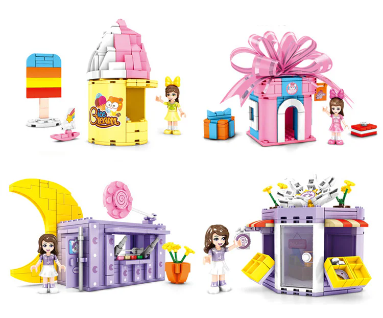 Miniature Playsets: 4 sets including Ice Cream Parlor, Florist, Gift Shop, and Candy Store. 森宝 SEMBO 604009