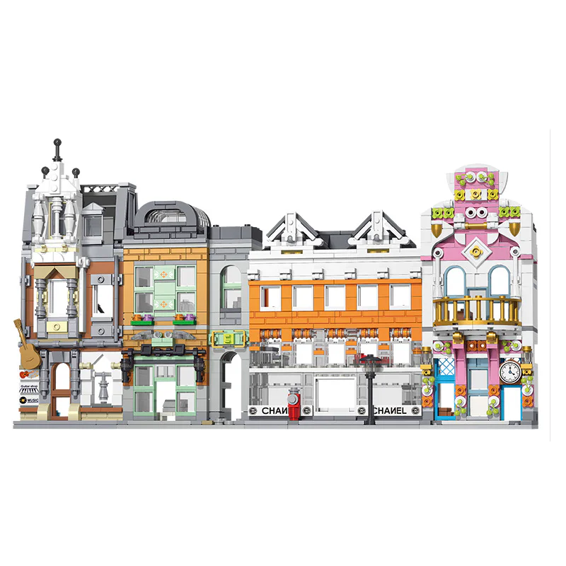 Mini Street Scene: European-style street with 4 shops - guitar shop, coffee shop, boutique, and flower shop. 雷尔娱乐 10010-3