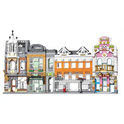 Mini Street Scene: European-style street with 4 shops - guitar shop, coffee shop, boutique, and flower shop.