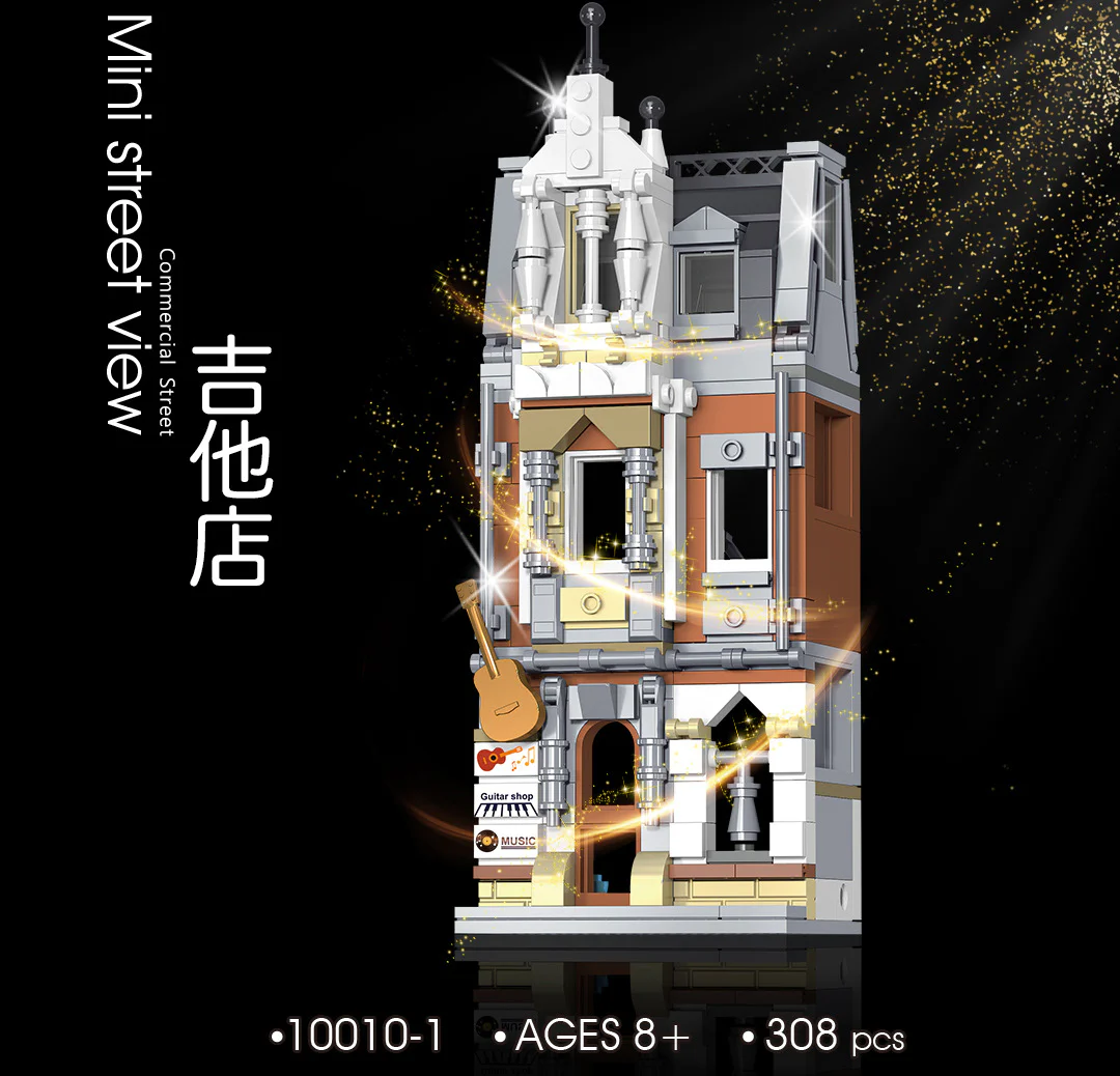 Mini Street Scene: European-style street with 4 shops - guitar shop, coffee shop, boutique, and flower shop. 雷尔娱乐 10010-3 image 1