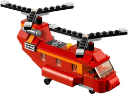Red helicopter with double rotors.