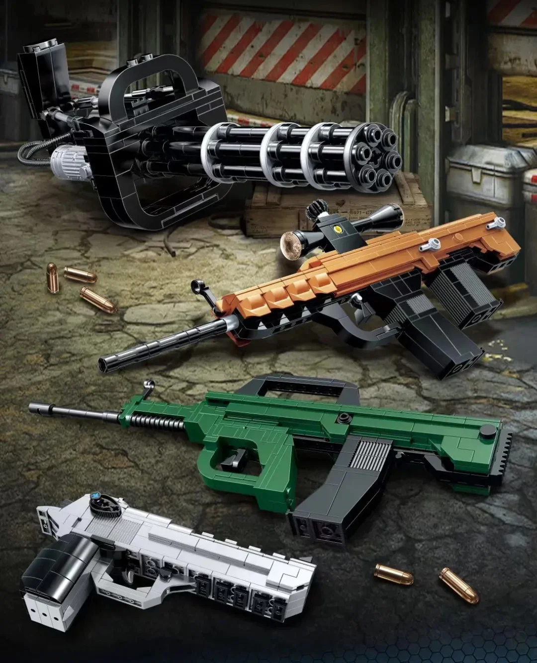 Mini gun 4 models add Gatling gun, G3/SG1 sniper rifle, 05-style assault rifle, Ruger P85 pistol. 哲高 ZHEGAO QL1275-1